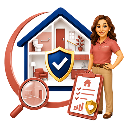 An Aging In The Comfort Of Home® safety evaluator beside a cutaway home showing grab bars, handrails, and accessibility features, a home-safety checklist, and a shield with a checkmark, representing the free C-Easy&trade; Safe Home Evaluation