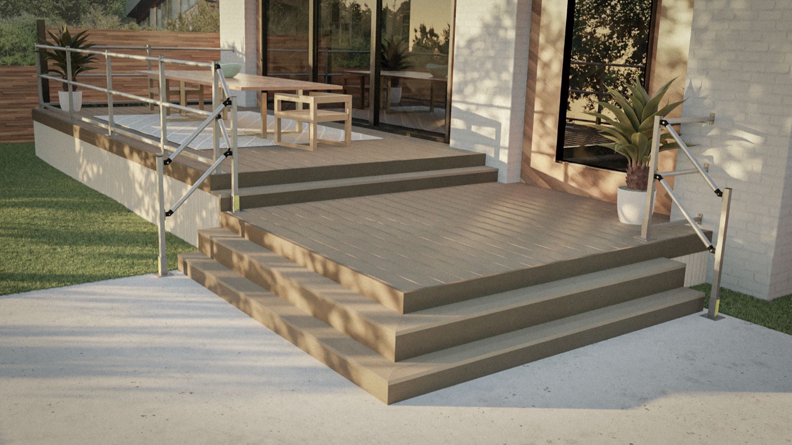 Aging In The Comfort Of Home® aluminum wheelchair ramp with handrails at a home entrance
